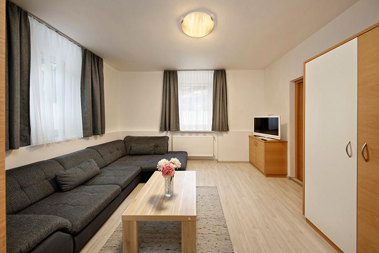 Wohnraum in der Ferienwohnung Parterre mit großem Sofa und Sat-TV